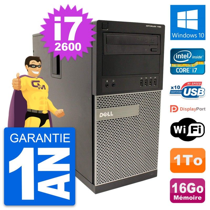 Dell OptiPlex 790 MT Desktop PC - Intel i7-2600, 16GB RAM, 1TB HDD, Windows 10, WiFi