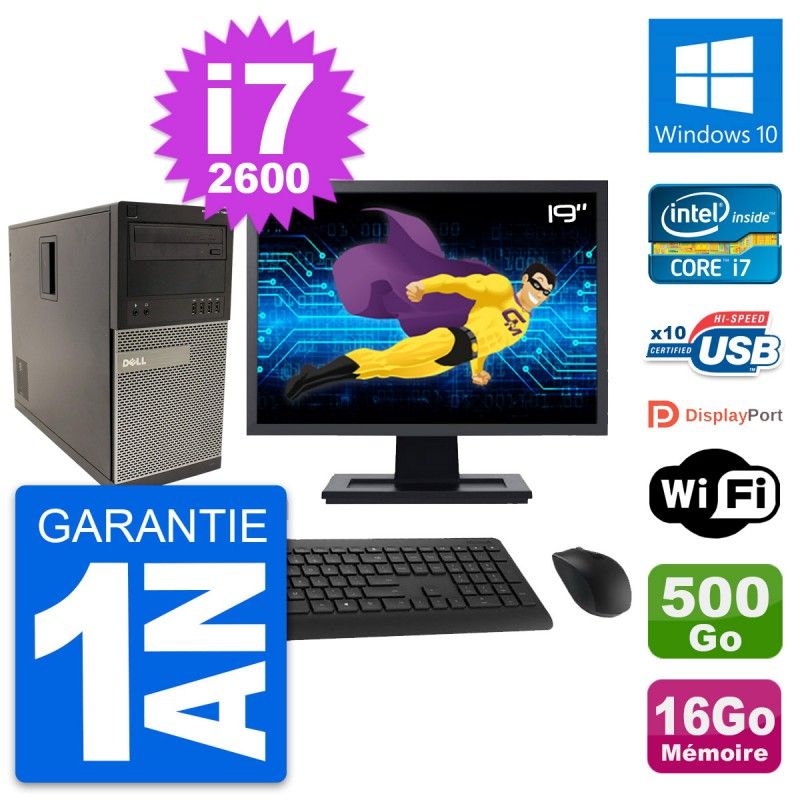 Ordinateur de bureau Dell Optiplex 790 MT - Écran 19'', Intel Core i7-2600, 16 Go RAM, 500 Go SSD, Windows 10, Wi-Fi