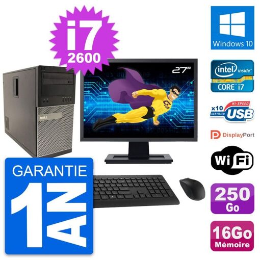 Dell Optiplex 790 MT Desktop Computer - 27" Screen, Intel Core i7-2600, 16GB RAM, 250GB SSD, Windows 10, WiFi