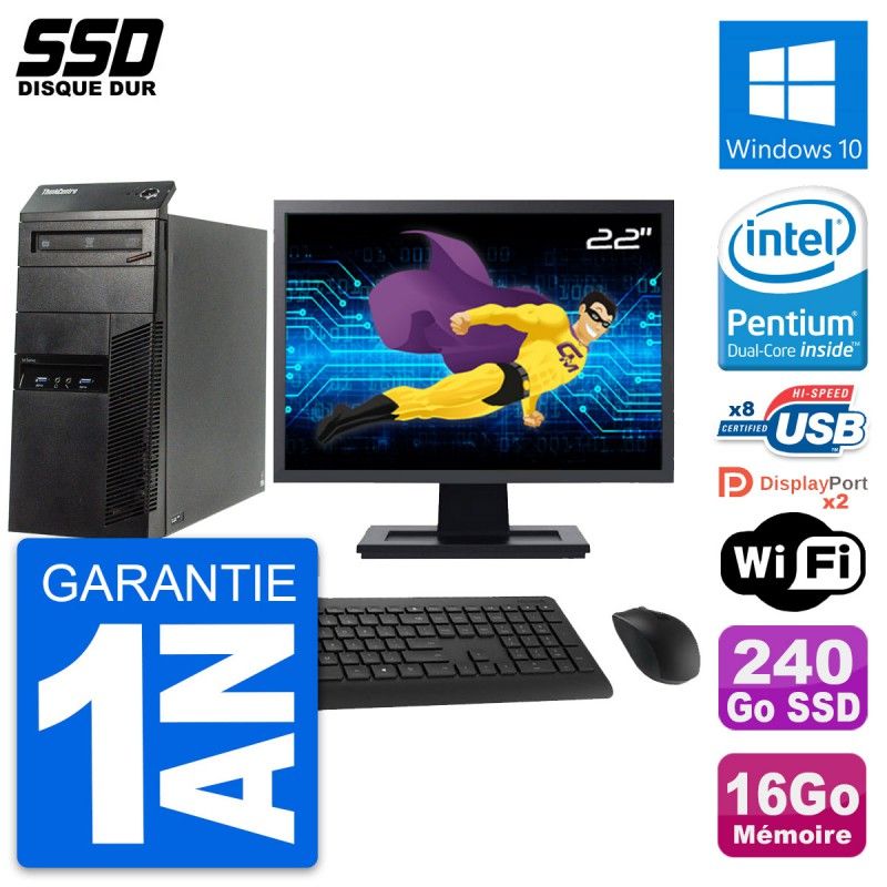 Lenovo M83 Desktop Computer, 22-inch Screen, Intel G3220, 16GB RAM, 240GB SSD, Windows 10, WiFi
