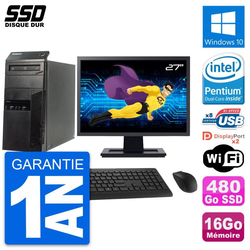 Lenovo M83 Desktop PC - 27" Screen, Intel G3220, 16GB RAM, 480GB SSD, Windows 10, WiFi
