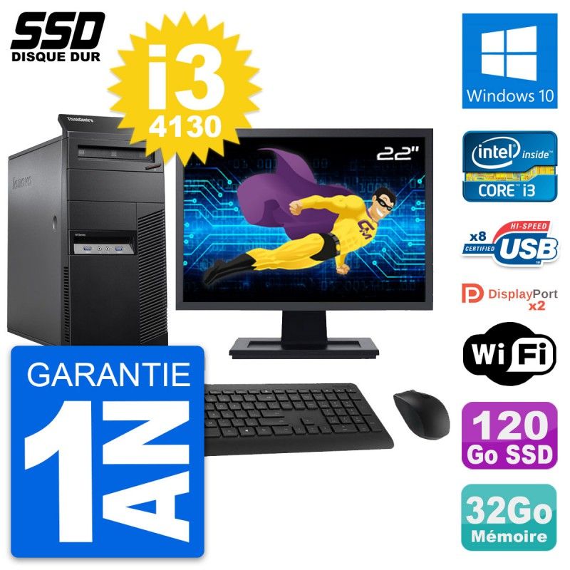 Lenovo M83 Desktop Computer - 22" Screen, Intel i3-4130, 32GB RAM, 120GB SSD, Windows 10, WiFi