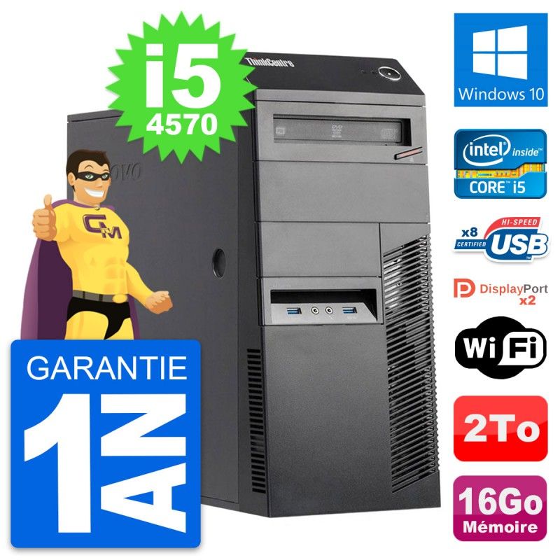 PC de escritorio Lenovo ThinkCentre M83 - Procesador Intel i5-4570, 16GB de RAM, Disco duro de 2TB, Windows 10, WiFi