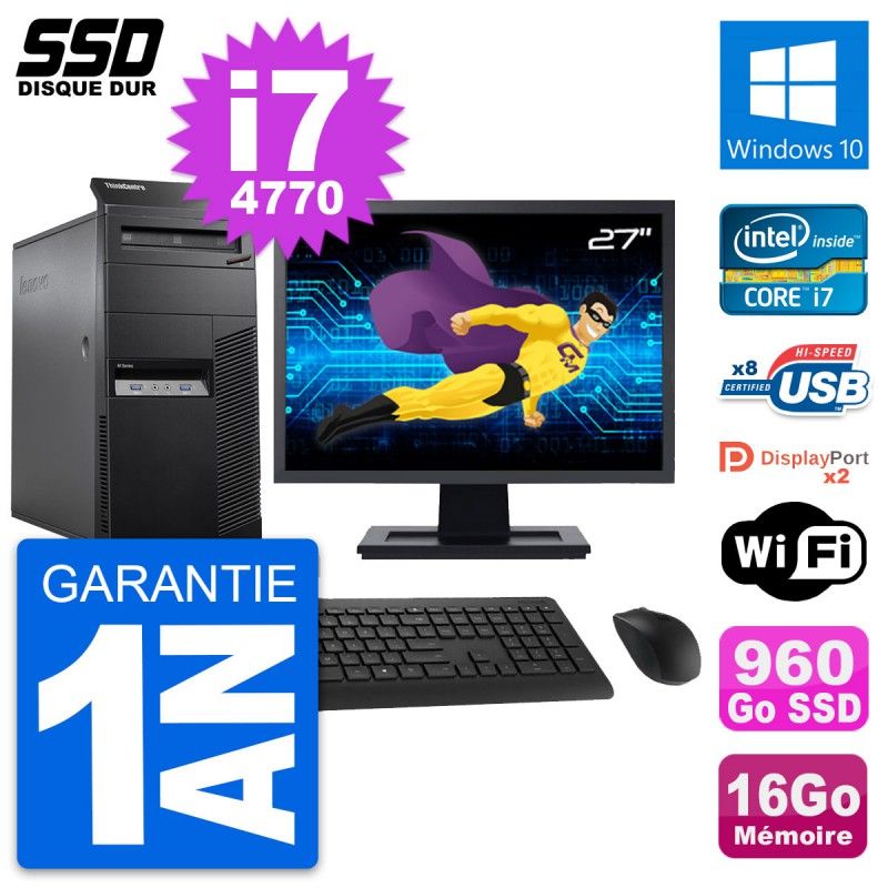 Lenovo M83 Desktop Computer - 27" Screen, Intel i7-4770, 16GB RAM, 960GB SSD, Windows 10, WiFi