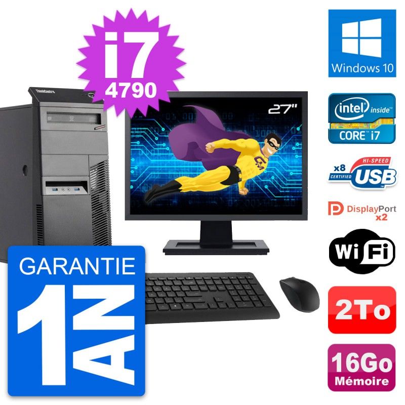 Lenovo M83 Tower PC - 27" Screen, Intel i7-4790, 16GB RAM, 2TB Hard Drive, Windows 10, WiFi