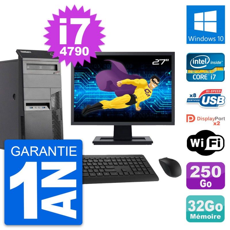 Lenovo ThinkCentre M83 Desktop Computer, 27" Screen, Intel i7-4790, 32GB RAM, 250GB SSD, Windows 10, WiFi