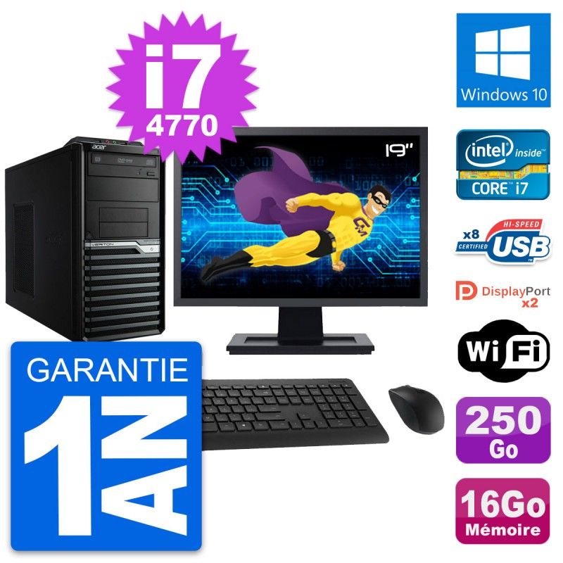 Acer Veriton M4630G Écran 19 pouces, Intel Core i7-4770, 16 Go RAM, 250 Go SSD, Windows 10, Wi-Fi