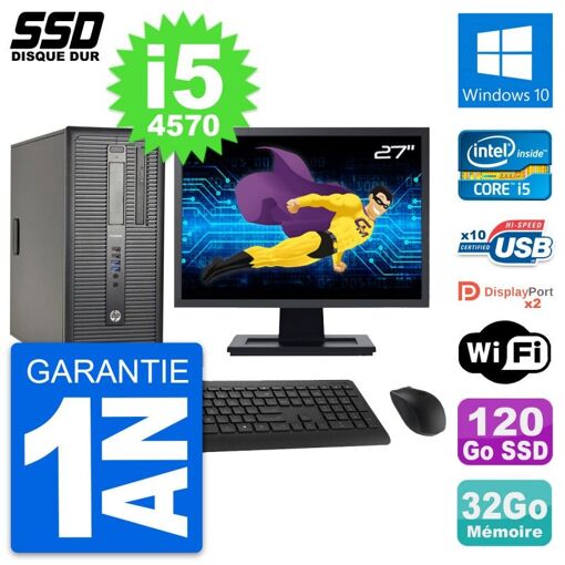 HP ProDesk 600 G1 Desktop Computer, 27" Screen, i5-4570, 32GB RAM, 120GB SSD, Windows 10, Wifi