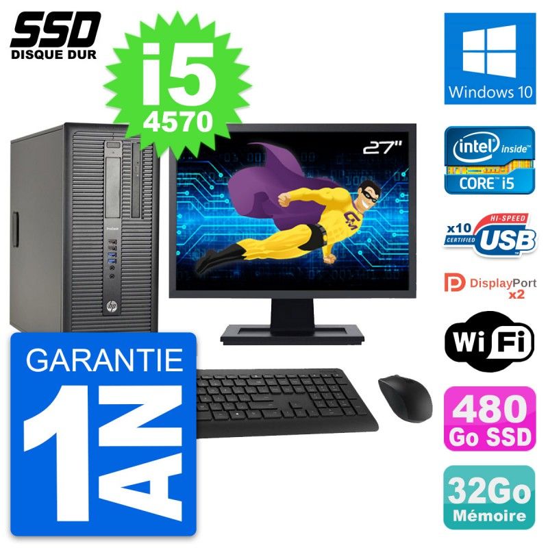 HP ProDesk 600 G1 Desktop PC - 27" Screen, i5-4570, 32GB RAM, 480GB SSD, Windows 10, WiFi
