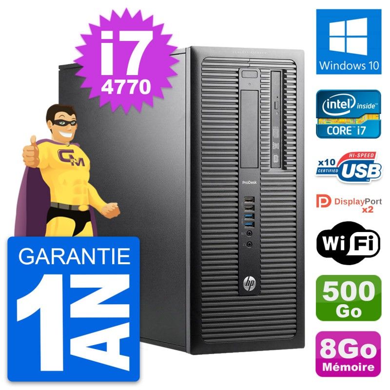 Ordinateur de bureau HP ProDesk 600 G1 - Processeur Intel i7-4770, 8 Go de RAM, disque dur 500 Go, Windows 10, WiFi