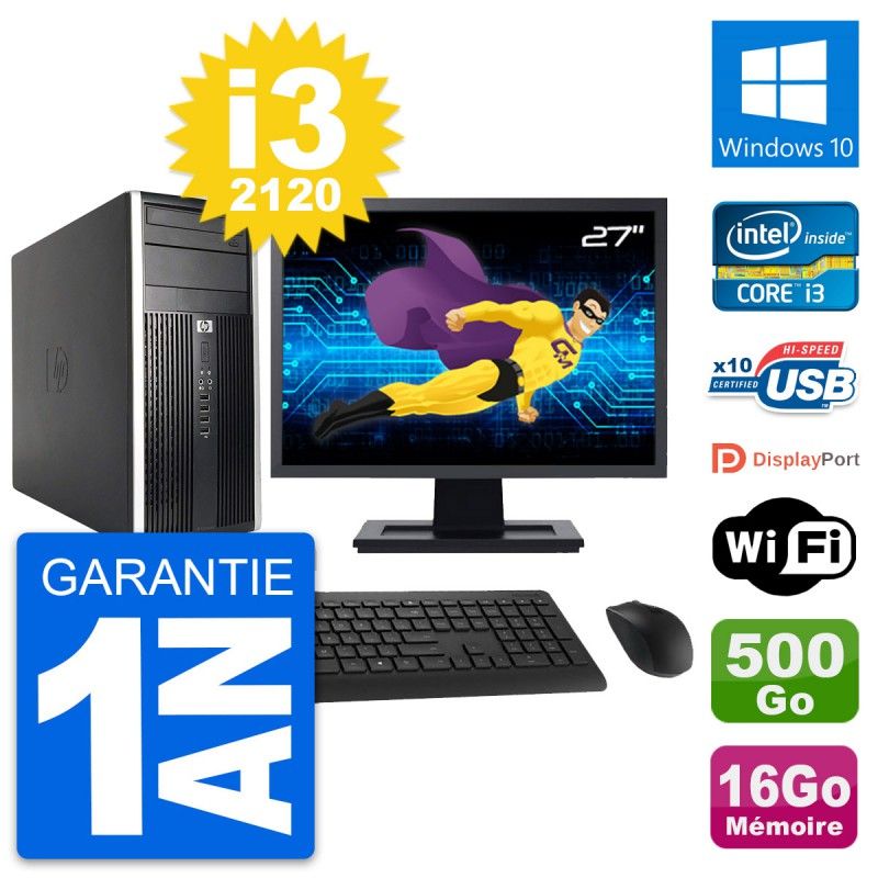 HP Compaq Pro 6200 CMT Desktop Computer - 27" Screen, i3-2120, 16GB RAM, 500GB HDD, Windows 10, Wi-Fi