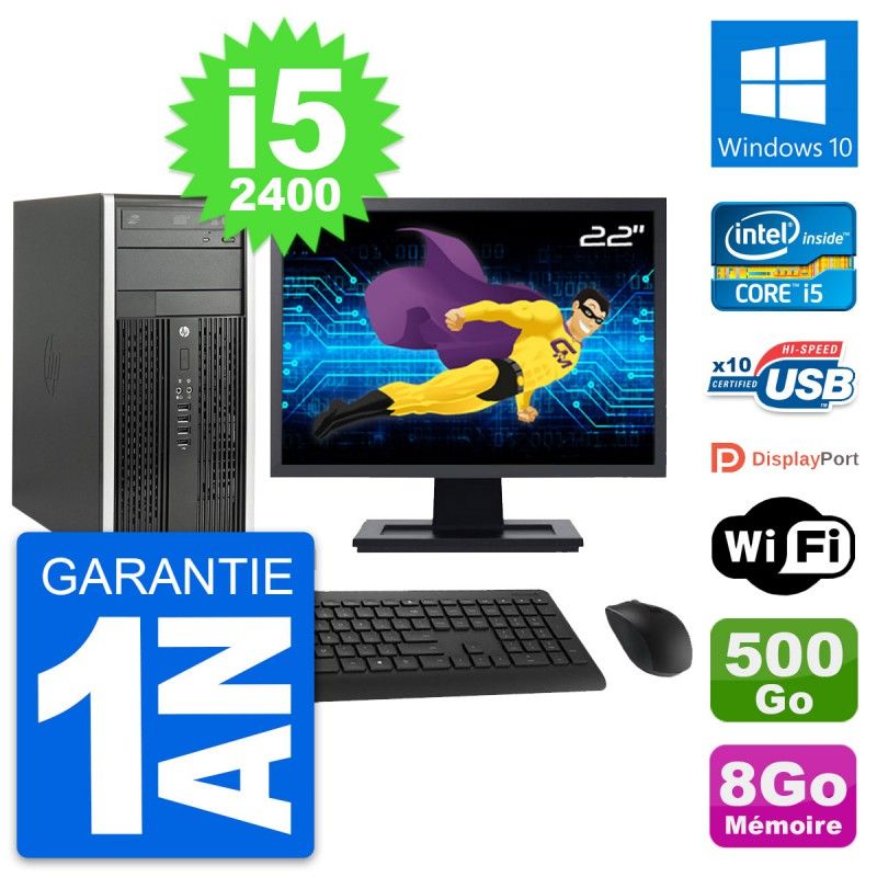 HP Compaq Pro 6200 CMT Desktop Computer - 22" Screen, Intel Core i5-2400, 8GB RAM, 500GB HDD, Windows 10, WiFi