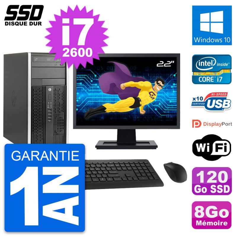 HP Compaq Pro 6200 CMT Desktop PC - 22" Screen, Core i7-2600, 8GB RAM, 120GB SSD, Windows 10, WiFi