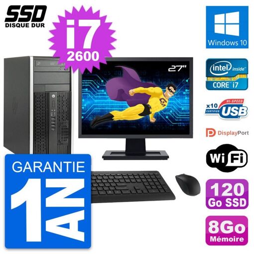 PC de sobremesa HP Compaq Pro 6200 CMT - Pantalla de 27", Intel Core i7-2600, 8 GB RAM, 120 GB SSD, Windows 10, WiFi