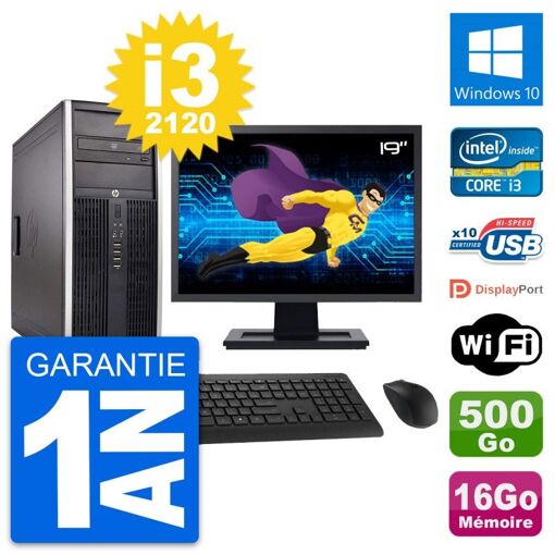 HP Compaq Elite 8300 Desktop PC - 19-inch Screen, Intel i3-2120, 16GB RAM, 500GB Hard Drive, Windows 10, Wi-Fi