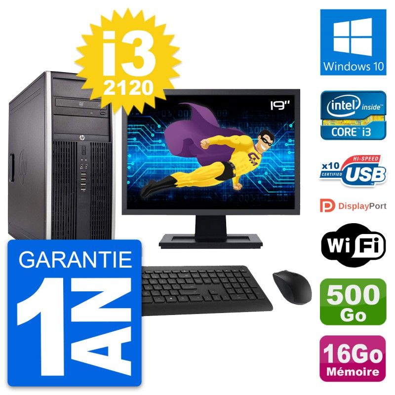 HP Compaq Elite 8300 Desktop PC - 19-inch Screen, Intel i3-2120, 16GB RAM, 500GB Hard Drive, Windows 10, Wi-Fi