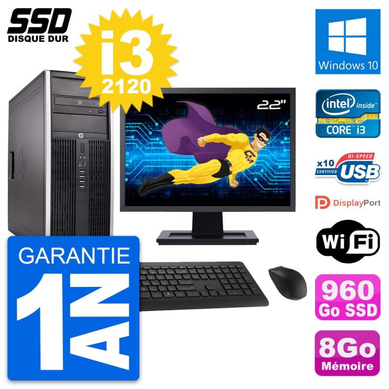 HP Elite 8300 Desktop Computer, 22" Screen, Intel i3-2120, 8GB RAM, 960GB SSD, Windows 10, WiFi