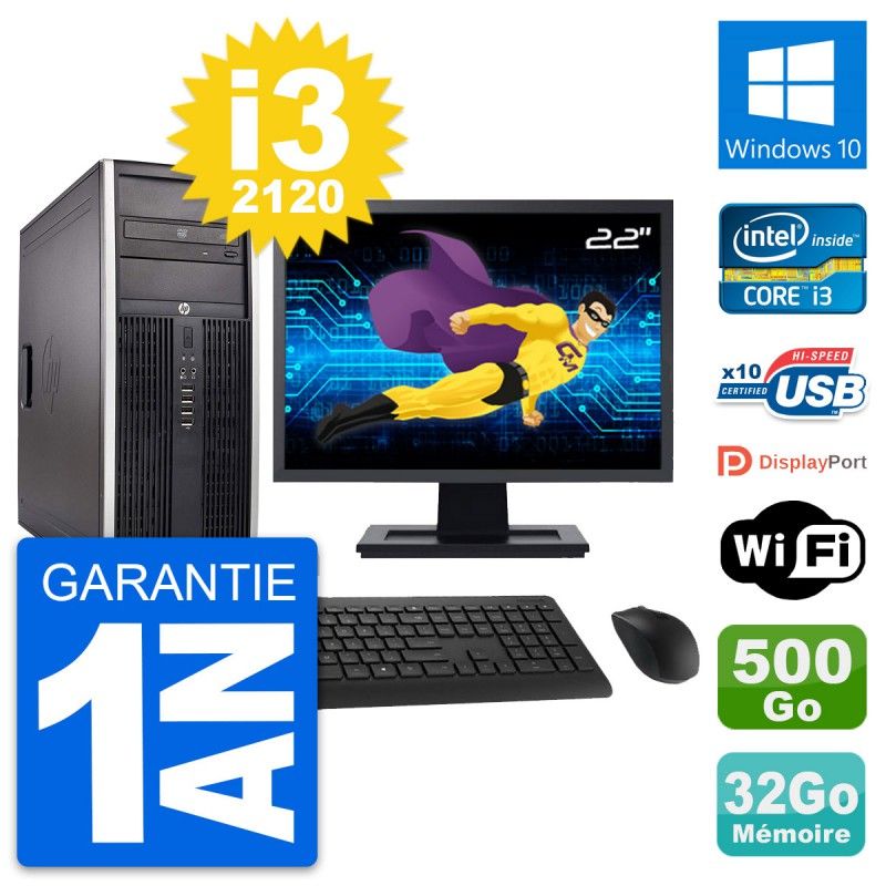Ordinateur de bureau HP Compaq Elite 8300 - Écran 22'', Processeur Intel i3-2120, 32 Go de RAM, Disque dur 500 Go, Windows 10, WiFi