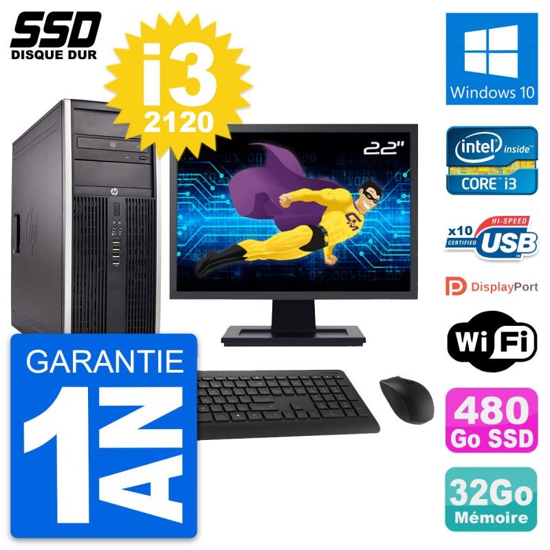 HP Elite 8300 Desktop PC - 22" Screen, Intel i3-2120, 32GB RAM, 480GB SSD, Windows 10, Wifi