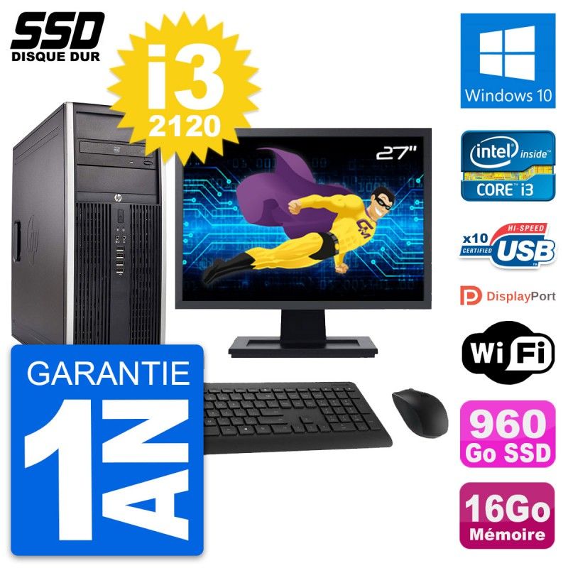 HP Elite 8300 Desktop PC - 27" Screen, Intel i3-2120, 16GB RAM, 960GB SSD, Windows 10, WiFi