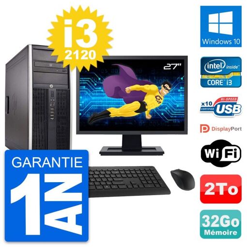 HP Compaq Elite 8300 Desktop PC - 27" Screen, Intel i3-2120, 32GB RAM, 2TB HDD, Windows 10, WiFi