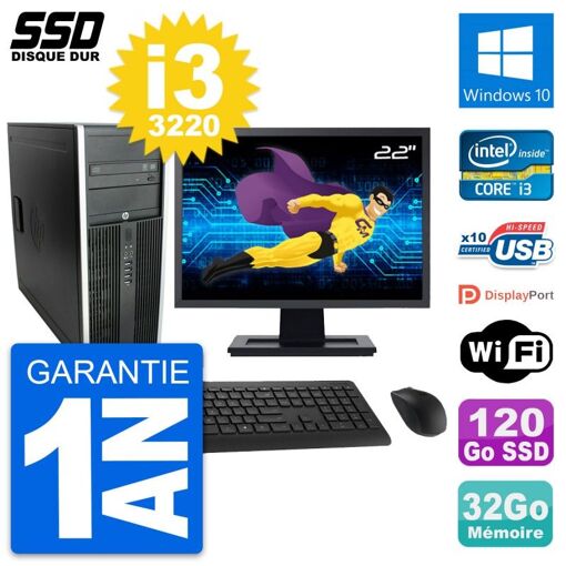 HP Elite 8300 Desktop PC - 22" Screen, Intel i3-3220, 32GB RAM, 120GB SSD, Windows 10, WiFi