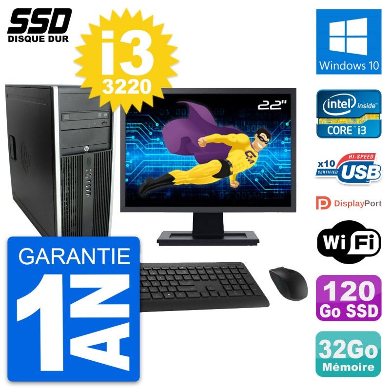 HP Elite 8300 Desktop PC - 22" Screen, Intel i3-3220, 32GB RAM, 120GB SSD, Windows 10, WiFi