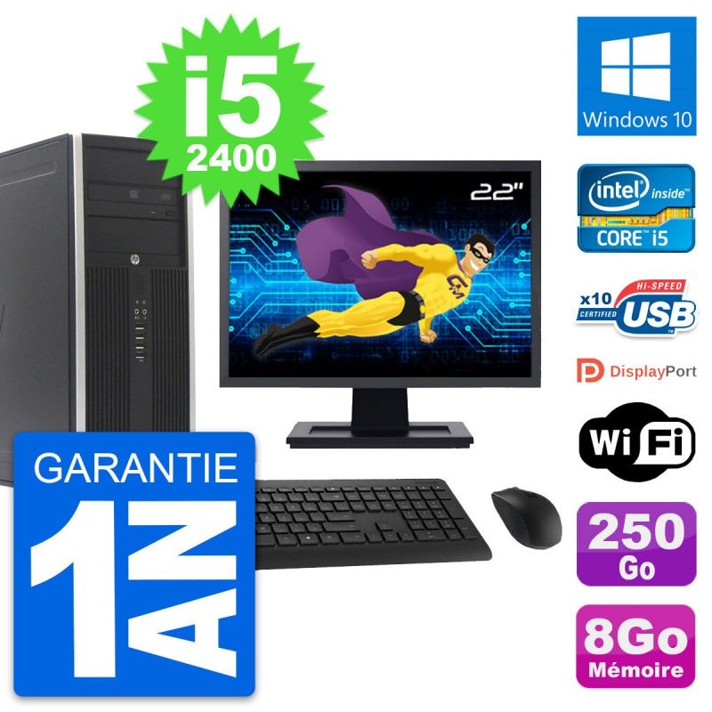 HP Compaq Elite 8300 Desktop PC - 22" Screen, Intel i5-2400, 8GB RAM, 250GB HDD, Windows 10, WiFi