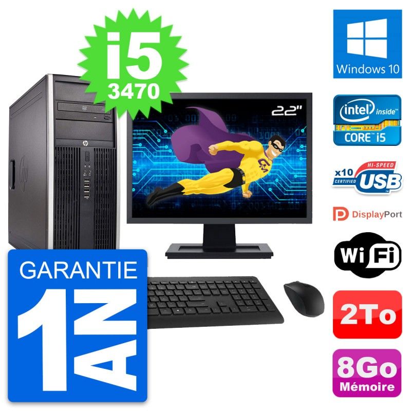 HP Elite 8300 Desktop Computer, 22" Screen, Intel i5-3470, 8GB RAM, 2TB Hard Drive, Windows 10, WiFi