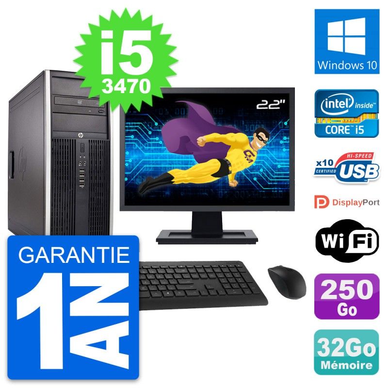 Ordinateur de bureau HP Compaq Elite 8300 - Écran 22'', Intel Core i5-3470, 32 Go de RAM, 250 Go SSD, Windows 10, Wi-Fi