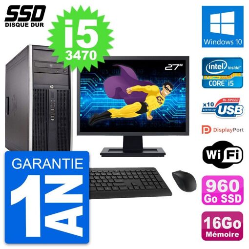 HP Elite 8300 Desktop PC | 27" Screen | Intel i5-3470 | 16GB RAM | 960GB SSD | Windows 10 | WiFi