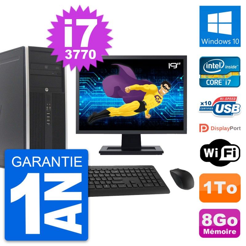 HP Elite 8300 Desktop Computer, 19" Screen, Intel i7-3770, 8GB RAM, 1TB HDD, Windows 10, WiFi