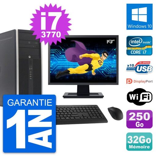HP Compaq Elite 8300 Desktop PC - 19" Screen, Intel i7-3770, 32GB RAM, 250GB HDD, Windows 10, WiFi