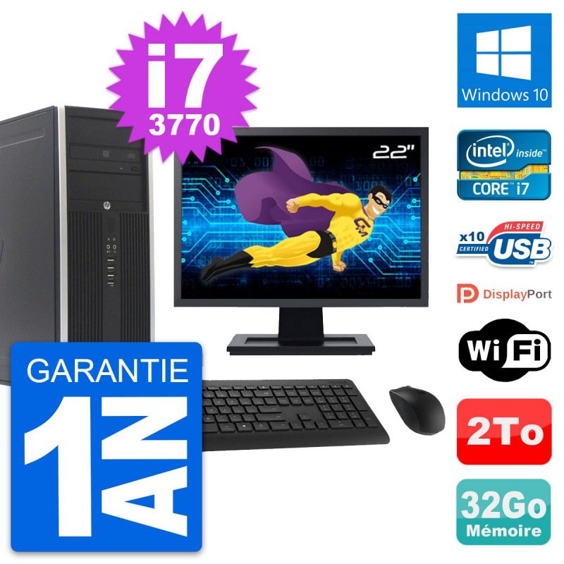 HP Compaq Elite 8300 Desktop PC - 22" Screen, Intel i7-3770, 32GB RAM, 2TB HDD, Windows 10, WiFi