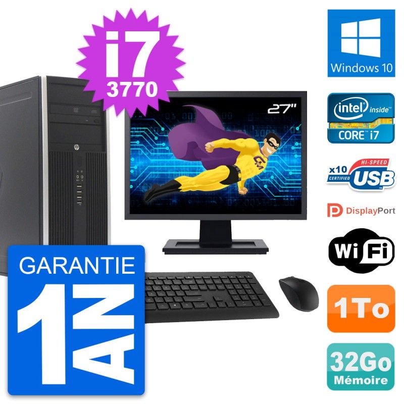 HP Compaq Elite 8300 Desktop PC - 27" Screen, Intel i7-3770, 32GB RAM, 1TB HDD, Windows 10, WiFi