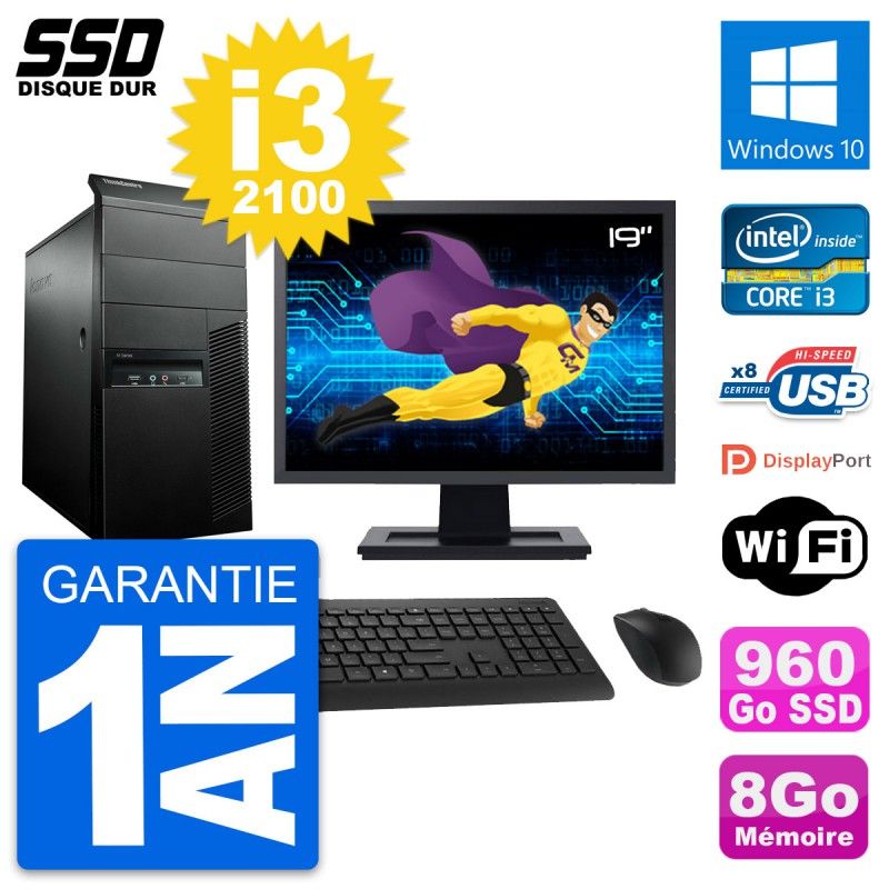 Lenovo M91p 19-inch Desktop PC - Intel i3-2100, 8GB RAM, 960GB SSD, Windows 10, WiFi