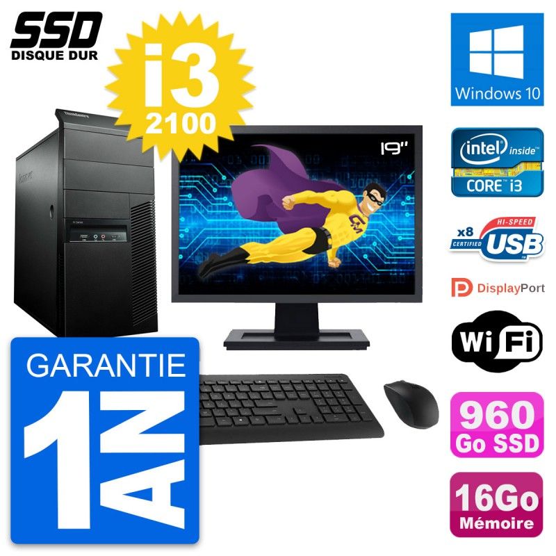 Lenovo M91p Mid Tower PC - 19" Screen, Core i3-2100, 16GB RAM, 960GB SSD, Windows 10, WiFi
