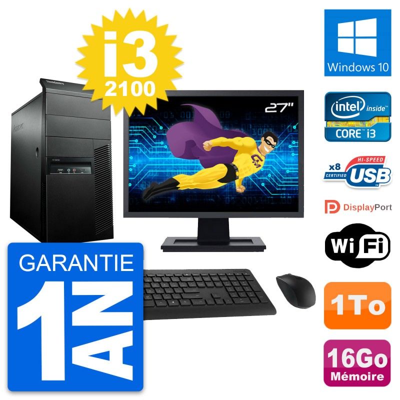 Lenovo M91p 27" Desktop Computer - Intel i3-2100, 16GB RAM, 1TB HDD, Windows 10, WiFi