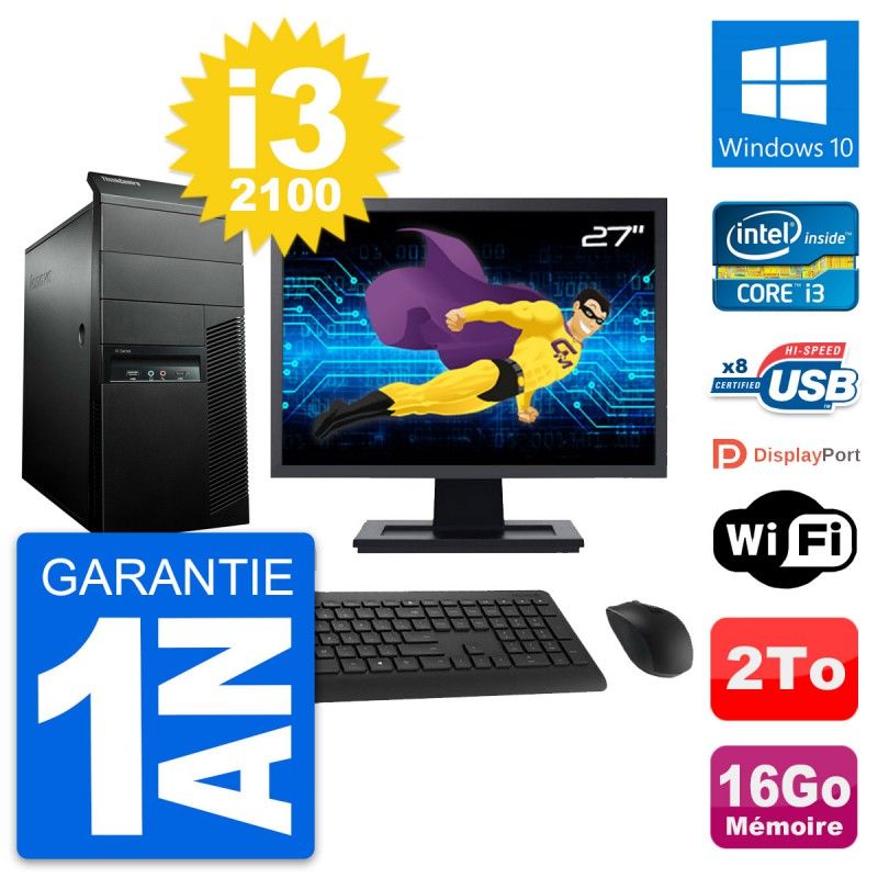 Lenovo M91p Mid Tower PC - 27" Display, Intel i3-2100, 16GB RAM, 2TB HDD, Windows 10, WiFi