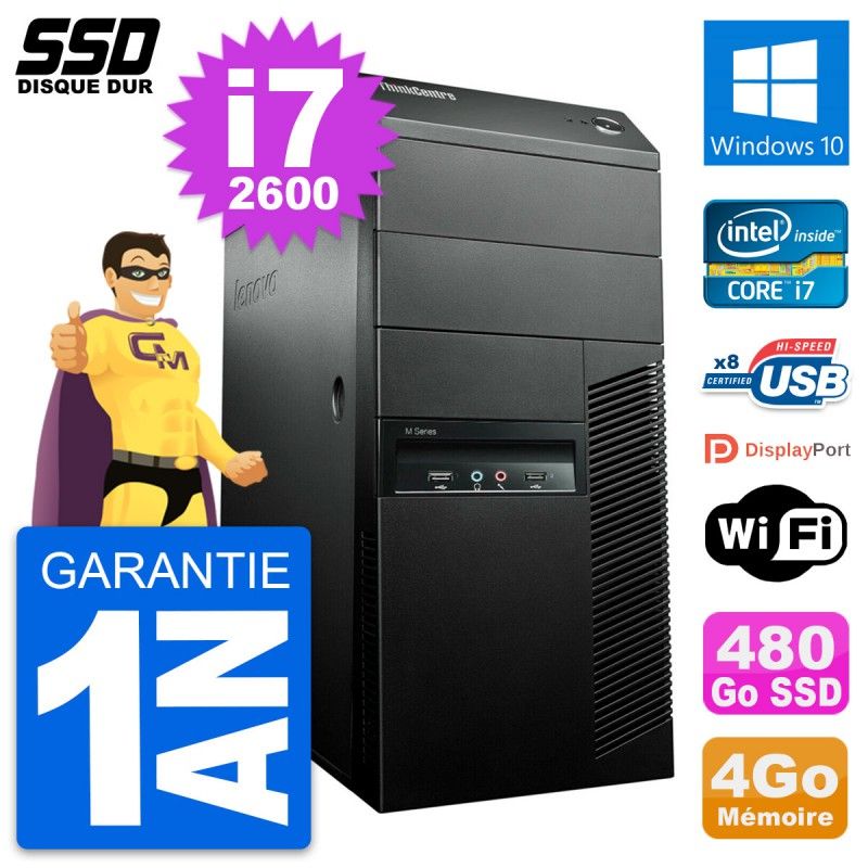 Lenovo ThinkCentre M91p Desktop Computer - Intel i7-2600, 4GB RAM, 480GB SSD, Windows 10, WiFi