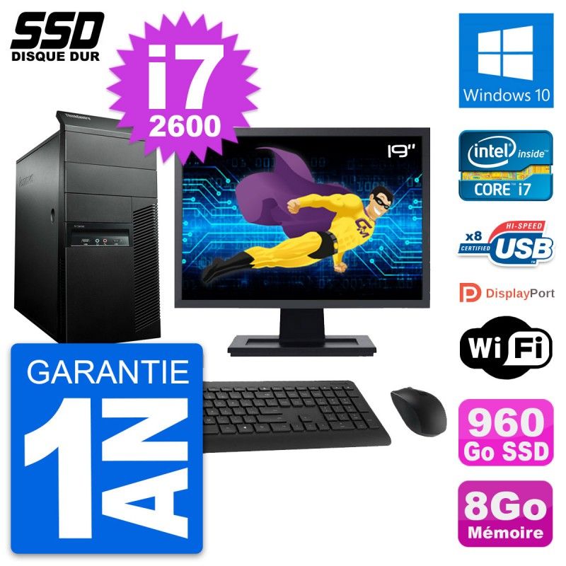 Lenovo M91p 19-inch Screen Desktop PC, Intel i7-2600, 8GB RAM, 960GB SSD, Windows 10, WiFi