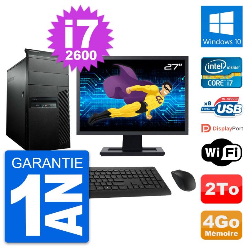 Lenovo M91p Desktop Computer - 27" Screen, Core i7-2600, 4GB RAM, 2TB Hard Drive, Windows 10, WiFi