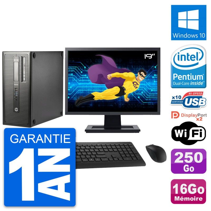 HP EliteDesk 800 G1 Desktop Computer, 19" Screen, Intel Pentium G3220, 16GB RAM, 250GB HDD, Windows 10