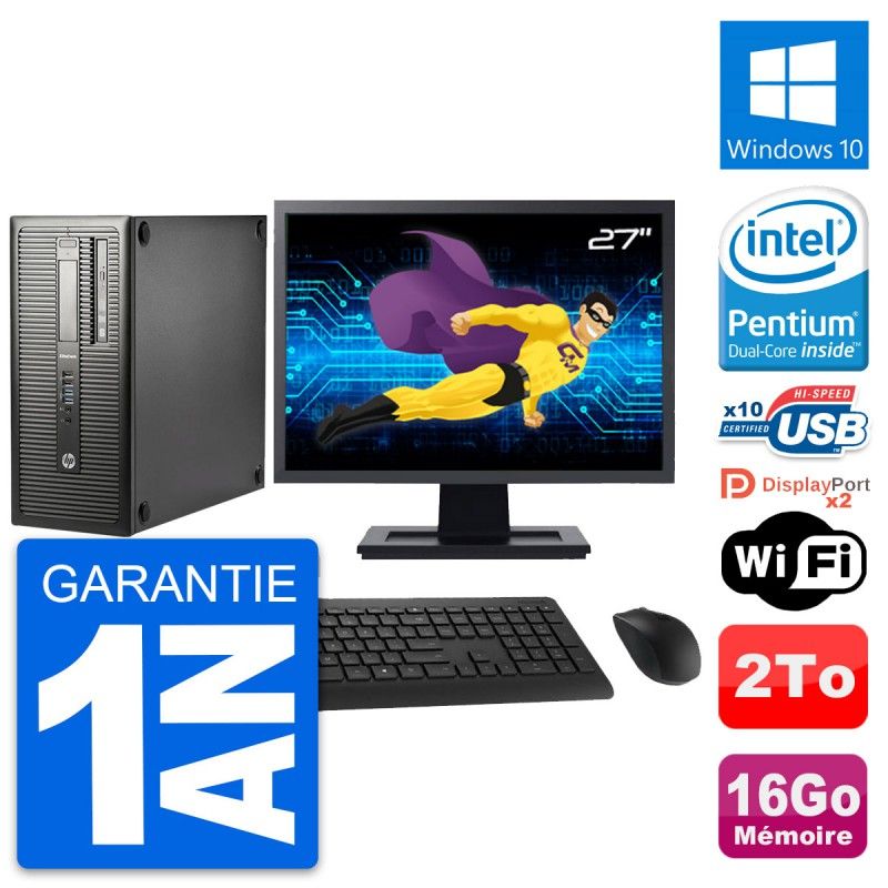 HP EliteDesk 800 G1 Desktop PC - 27" Display, Intel Pentium G3220, 16GB RAM, 2TB HDD, Windows 10
