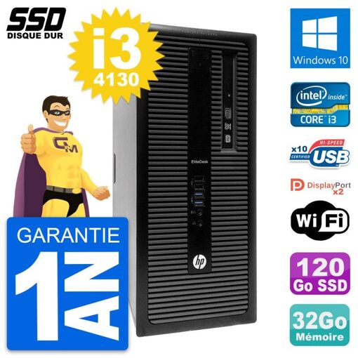 Ordinateur de bureau HP EliteDesk 800 G1 - Processeur Intel Core i3-4130, 32 Go de RAM, 120 Go SSD, Windows 10, Wi-Fi