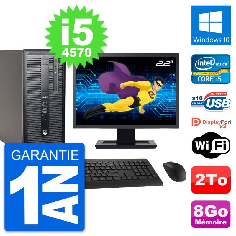 PC de escritorio HP EliteDesk 800 G1 - Pantalla de 22', i5-4570, 8GB de RAM, 2TB HDD, Windows 10, WiFi