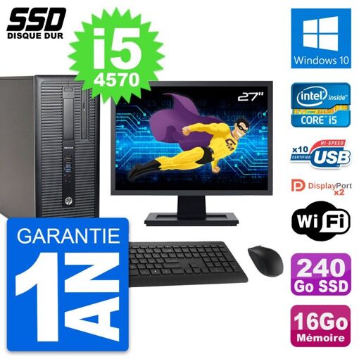 Ordinateur de bureau HP EliteDesk 800 G1 - Écran 27'', Intel Core i5-4570, 16 Go RAM, 240 Go SSD, Windows 10, Wifi