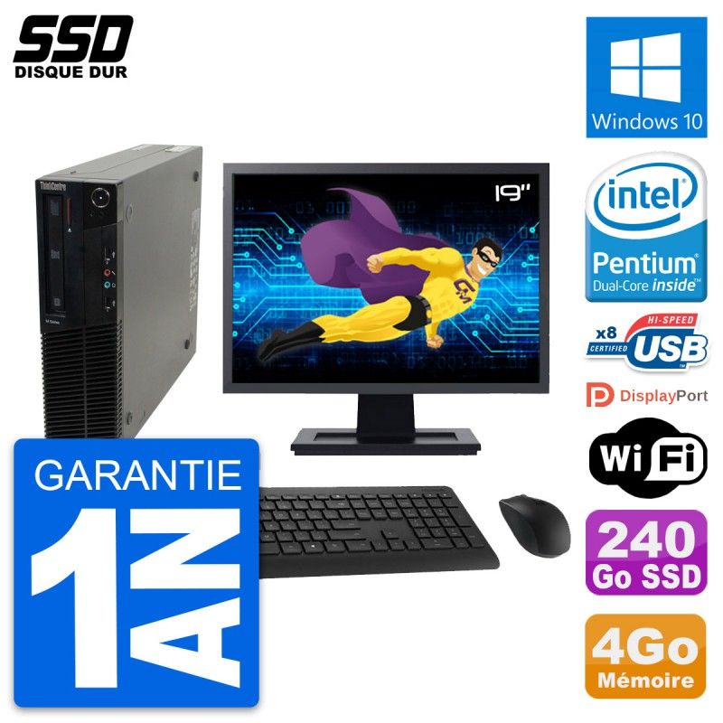 Lenovo M82 SFF Desktop Computer - 19' Screen, Intel G630, 4GB RAM, 240GB SSD, Windows 10, WiFi