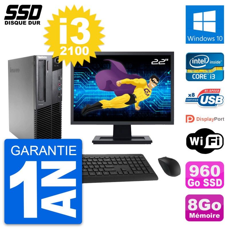 Lenovo M82 SFF Desktop Computer, 22" Screen, Intel Core i3-2100, 8GB RAM, 960GB SSD, Windows 10, WiFi