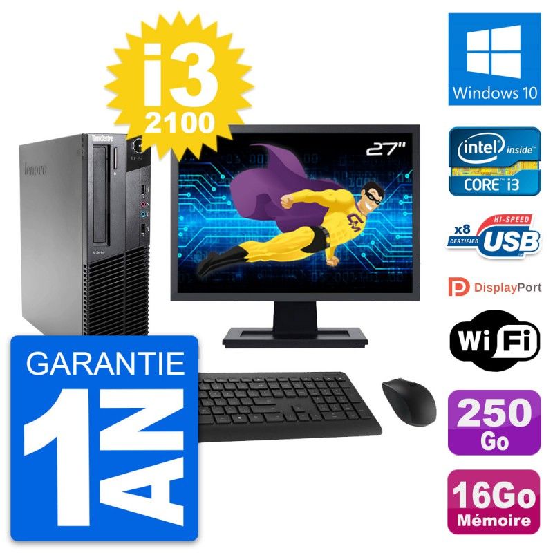 Lenovo M82 SFF Desktop Computer - 27" Screen, Intel i3-2100, 16GB RAM, 250GB SSD, Windows 10, WiFi
